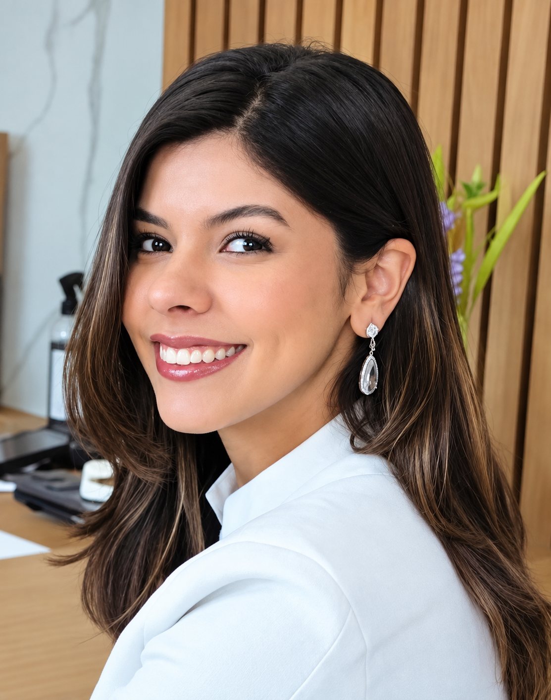 Dra. Kethelin Oliveira de jaleco branco, sorrindo no consultório diante da parede ripada
